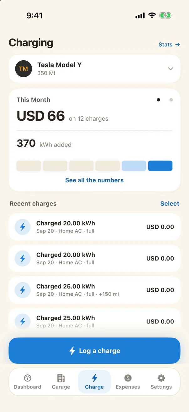 Charging screen: USD 66 on 12 charges this month, 370 kWh added, with recent charges listed.