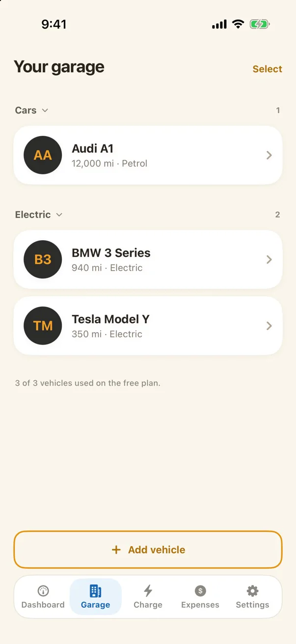 Garage: an Audi A1 under Cars, and a BMW 3 Series and Tesla Model Y under Electric.
