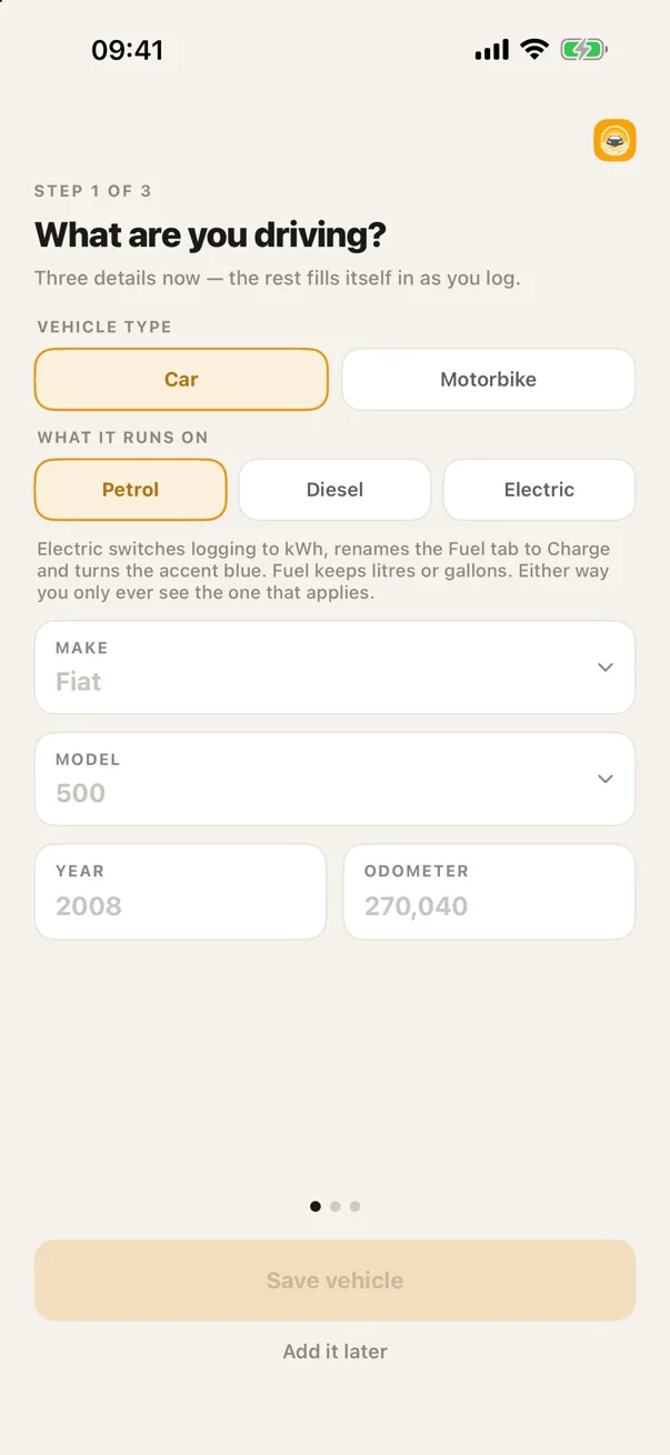Adding a vehicle: car or motorbike, petrol, diesel or electric.