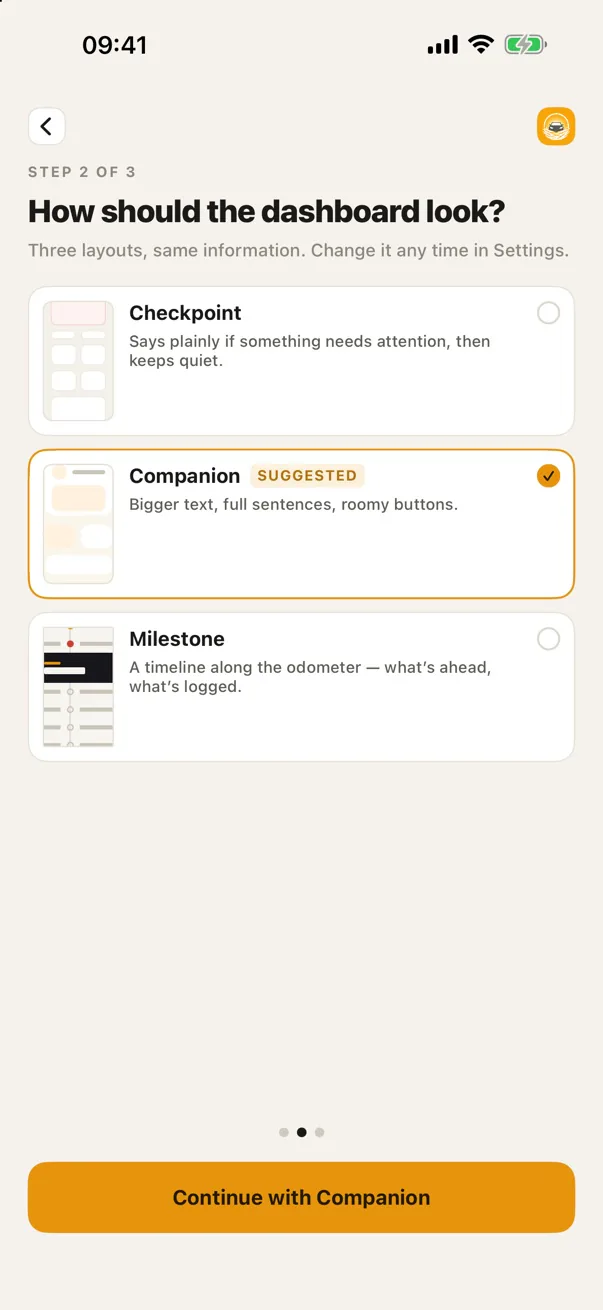 Dashboard style picker: Checkpoint, Companion and Milestone.