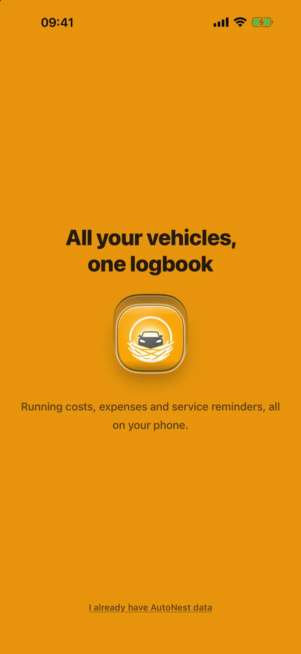 Welcome screen: All your vehicles, one logbook.